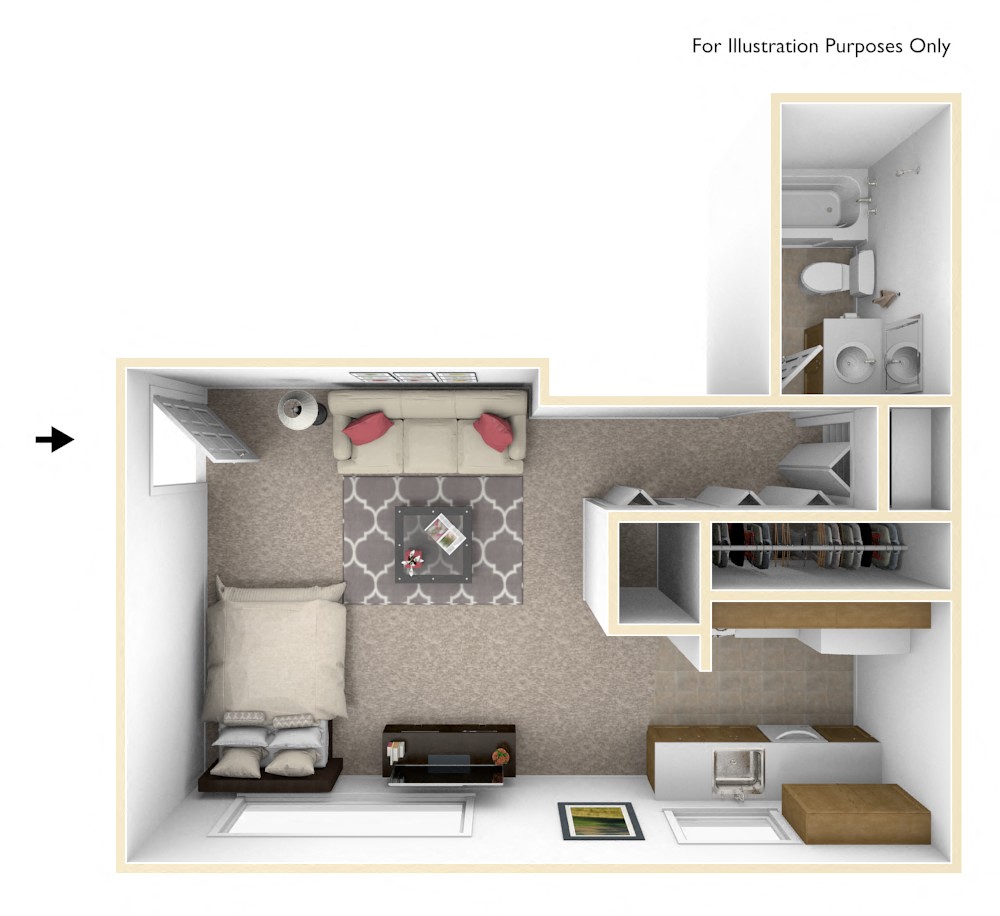 Floor plan for studio, 1 bath, 550 sqft